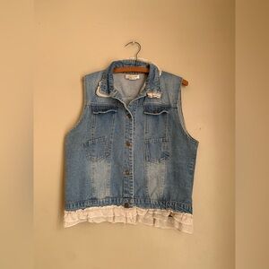 Paisley Vine Vest Pockets PURE Cotton Jean blue denim LACE ruffles Boho
